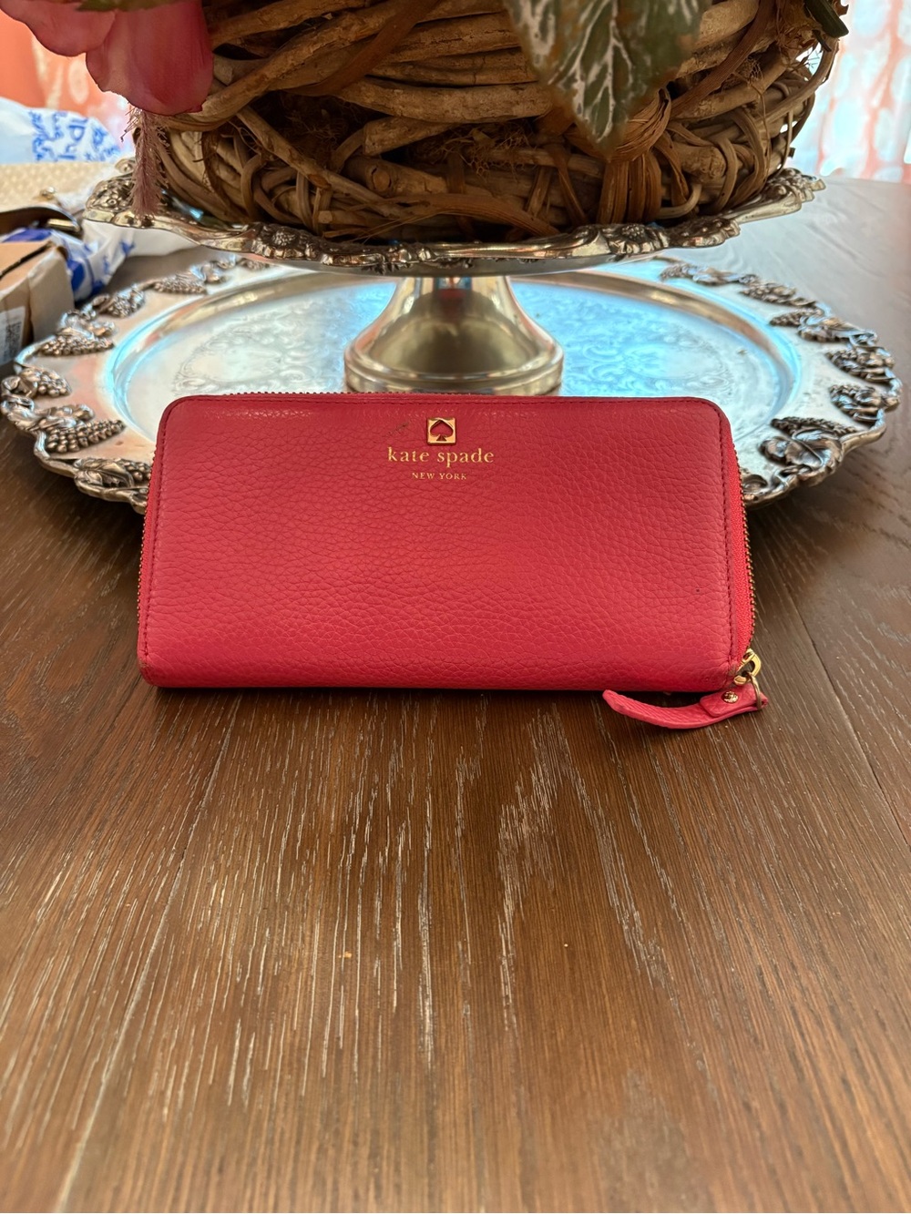 kate spade Red Zip-Around Pebbled Leather Wallet